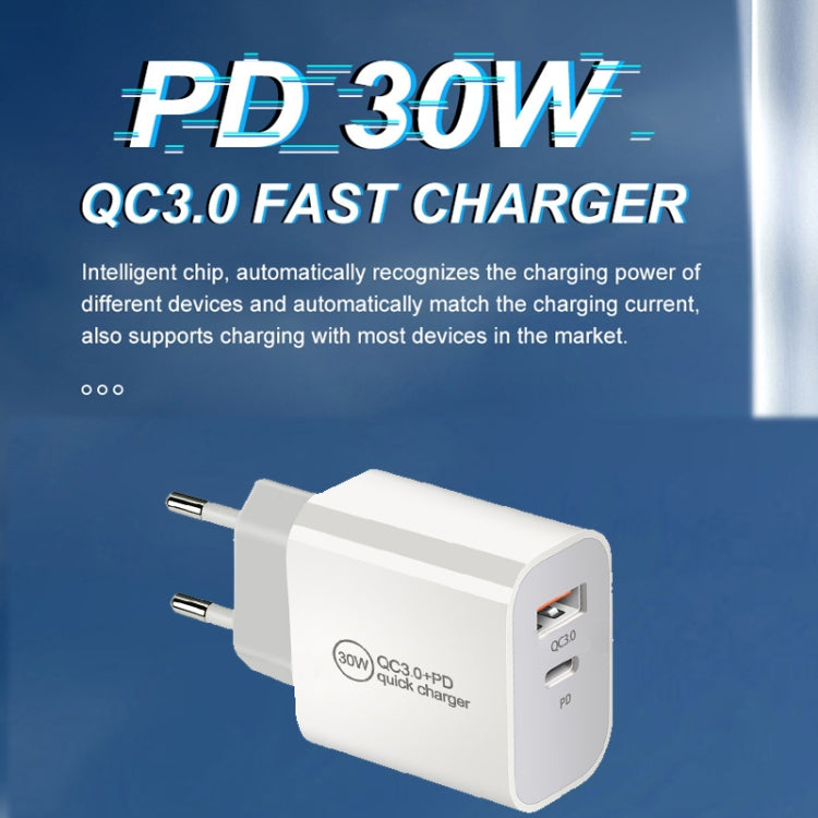 PD30W USB-C / Type-C + QC3.0 USB Dual Port Charger with 1m Type-C to 8 Pin Data Cable, EU Plug - USB Charger by PMC Jewellery | Online Shopping South Africa | PMC Jewellery | Buy Now Pay Later Mobicred