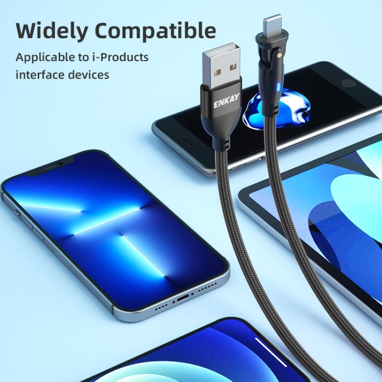 ENKAY 180 Degrees Rotating USB to 8 Pin Charging Data Cable with LED Light, Length:2m(Black) - free shipping - PMC Jewellery - Order now!