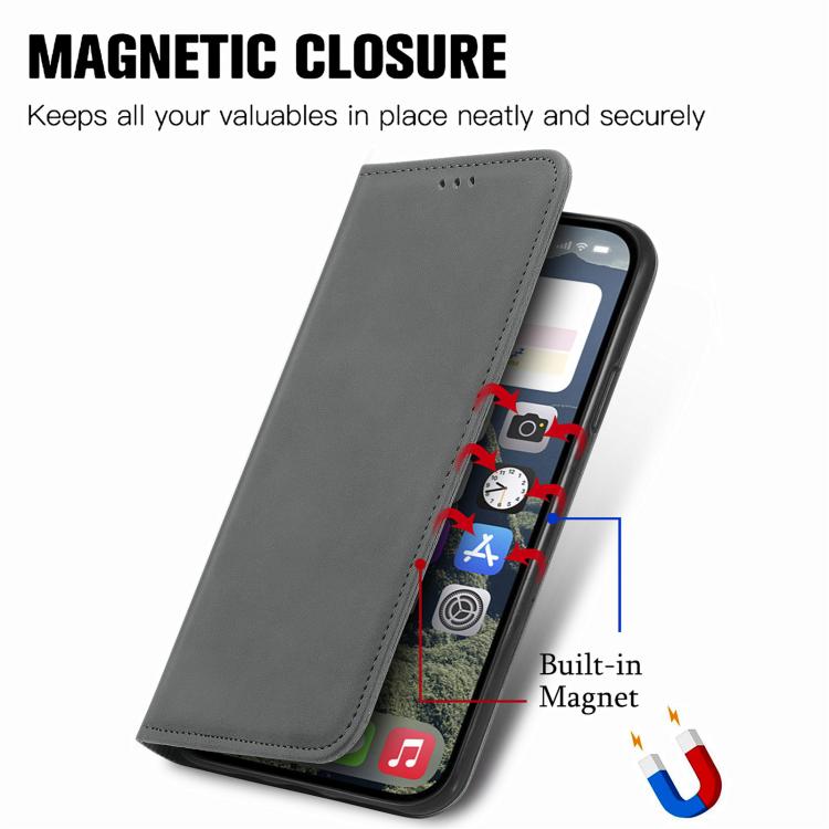 For iPhone 16e Retro Skin Feel Magnetic Flip Leather Phone Case(Gray) - iPhone 16e Cases by PMC TechLife | Online Shopping South Africa | PMC TechLife | Buy Now Pay Later Mobicred