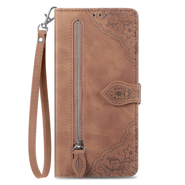 For DOOGEE X98 Pro / X98 Embossed Flower Zipper Leather Phone Case(Brown) - Doogee Cases by PMC Jewellery | Online Shopping South Africa | PMC Jewellery | Buy Now Pay Later Mobicred