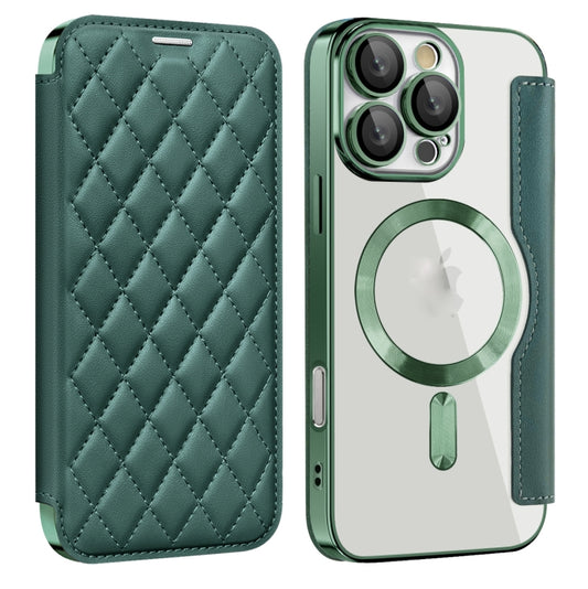 For iPhone 16 Pro Shield Magsafe RFID Anti-theft Rhombus Leather Phone Case(Green) - iPhone 16 Pro Cases by PMC Jewellery | Online Shopping South Africa | PMC Jewellery | Buy Now Pay Later Mobicred