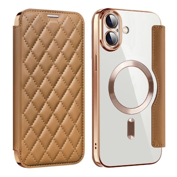 For iPhone 16 Plus Shield Magsafe RFID Anti-theft Rhombus Leather Phone Case(Brown) - free shipping - PMC Jewellery - Order now!