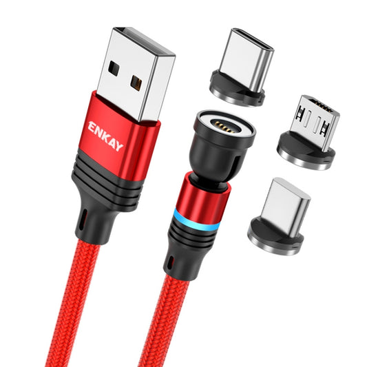 ENKAY 3 in 1 3A USB to Type-C / 8 Pin / Micro USB Magnetic 540 Degrees Rotating Fast Charging Cable, Length:1m(Red) - Charging Cable & Head by ENKAY | Online Shopping South Africa | PMC Jewellery | Buy Now Pay Later Mobicred