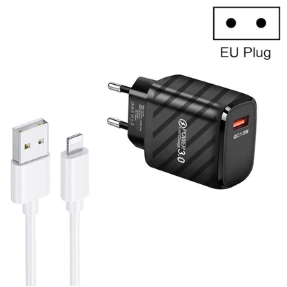 TE-005 QC3.0 18W USB Fast Charger with 1m 3A USB to 8 Pin Cable, EU Plug(Black) - USB Charger by PMC Jewellery | Online Shopping South Africa | PMC Jewellery | Buy Now Pay Later Mobicred