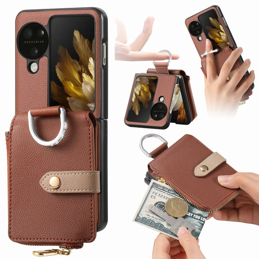 For OPPO Find N3 Flip Vertical Flip Zipper Wallet Ring Leather Phone Case(Brown) - Find N3 Flip Cases by PMC Jewellery | Online Shopping South Africa | PMC Jewellery