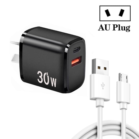 PD30W USB-C / Type-C + QC3.0 USB Charger with 1m USB to Micro USB Data Cable, AU Plug(Black) - USB Charger by PMC Jewellery | Online Shopping South Africa | PMC Jewellery | Buy Now Pay Later Mobicred