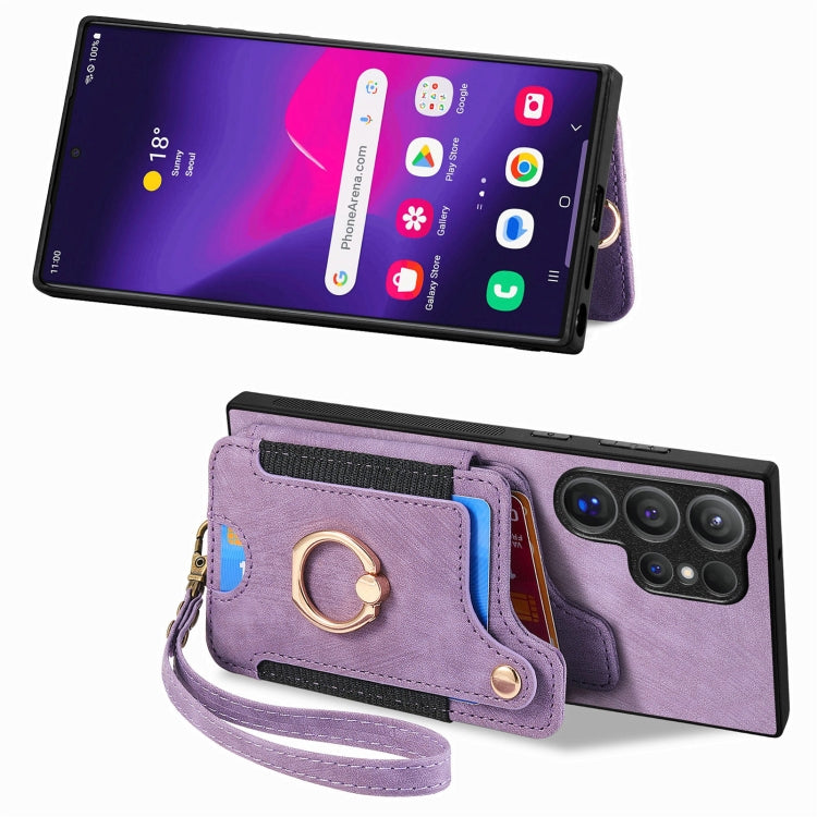 For Samsung Galaxy S25 Ultra 5G Retro Skin-feel Ring Multi-card Wallet Phone Case(Purple) - Galaxy S25 Ultra 5G Cases by PMC Jewellery | Online Shopping South Africa | PMC Jewellery | Buy Now Pay Later Mobicred