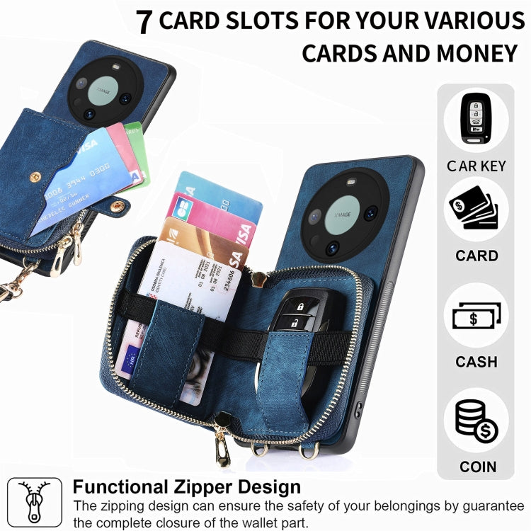 For Huawei Mate 60 Pro Crossbody Multi-function Zipper Wallet Phone Case(Blue) - Huawei Cases by PMC TechLife | Online Shopping South Africa | PMC TechLife | Buy Now Pay Later Mobicred