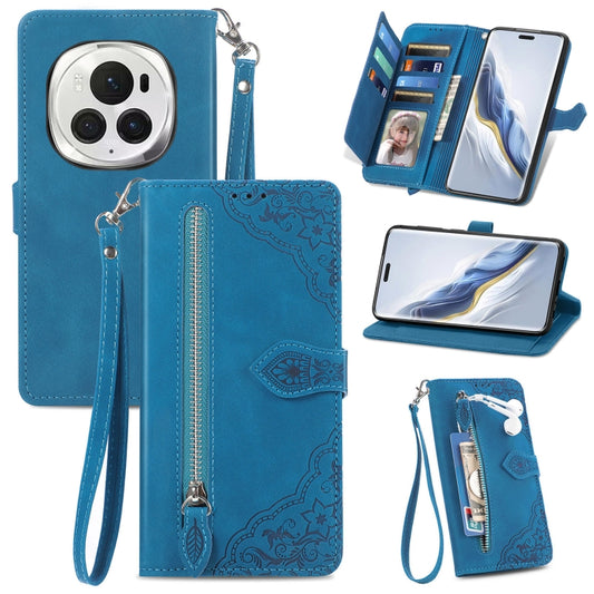 For Honor Magic6 Pro Embossed Flower Zipper Leather Phone Case(Blue) - Honor Cases by PMC Jewellery | Online Shopping South Africa | PMC Jewellery | Buy Now Pay Later Mobicred