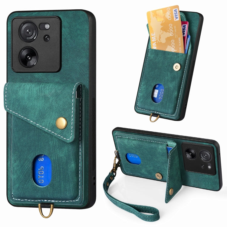 For Xiaomi 13T / 13T Pro Retro Card Wallet Fold Leather Phone Case with Strap(Green) - Xiaomi Cases by PMC TechLife | Online Shopping South Africa | PMC TechLife | Buy Now Pay Later Mobicred