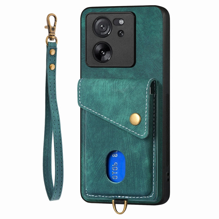 For Xiaomi 13T / 13T Pro Retro Card Wallet Fold Leather Phone Case with Strap(Green) - Xiaomi Cases by PMC TechLife | Online Shopping South Africa | PMC TechLife | Buy Now Pay Later Mobicred