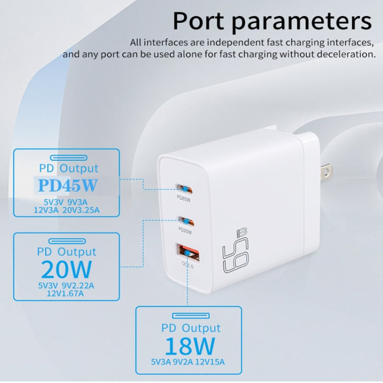 GAN 65W PD45W Dual Type-C+QC3.0 USB Multi Compatible Laptop Adapter EU + US + AU + UK Plug White - Power Supply by PMC TechLife | Online Shopping South Africa | PMC TechLife | Buy Now Pay Later Mobicred