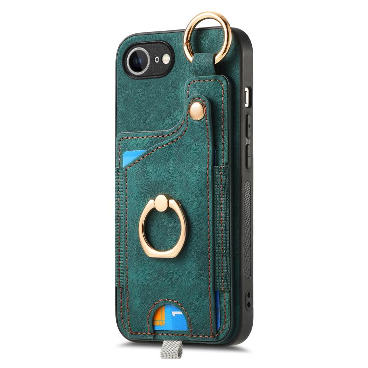For iPhone 16e Retro Skin-feel Ring Card Bag Phone Case with Hang Loop(Green) - iPhone 16e Cases by PMC TechLife | Online Shopping South Africa | PMC TechLife | Buy Now Pay Later Mobicred