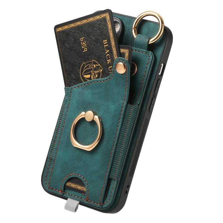 For iPhone 16e Retro Skin-feel Ring Card Bag Phone Case with Hang Loop(Green) - iPhone 16e Cases by PMC TechLife | Online Shopping South Africa | PMC TechLife | Buy Now Pay Later Mobicred