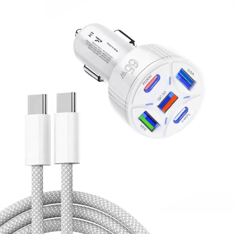 TE-P50 65W PD30W Type-C x 2 + USB x 3 Multi Port Car Charger with 1m Type-C to Type-C Data Cable(White) - Car Charger by PMC Jewellery | Online Shopping South Africa | PMC Jewellery | Buy Now Pay Later Mobicred