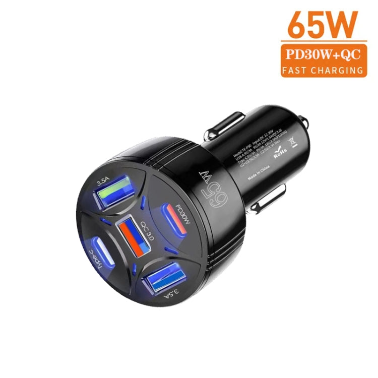 TE-P50 65W PD30W Type-C x 2 + USB x 3 Multi Port Car Charger with 1m Type-C to Type-C Data Cable(Black) - Car Charger by PMC TechLife | Online Shopping South Africa | PMC TechLife | Buy Now Pay Later Mobicred