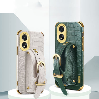 For OPPO A38 Electroplated Wrist Strap Crocodile Leather Back Phone Case(White) - A38 Cases by PMC Jewellery | Online Shopping South Africa | PMC Jewellery | Buy Now Pay Later Mobicred