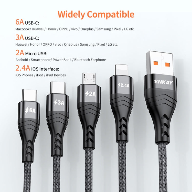 ENKAY 4-in-1 6A USB-A to Type-C / 8 Pin / Micro USB Multifunction Fast Charging Cable, Cable Length:2m(Grey) - Multifunction Cable by ENKAY | Online Shopping South Africa | PMC Jewellery | Buy Now Pay Later Mobicred