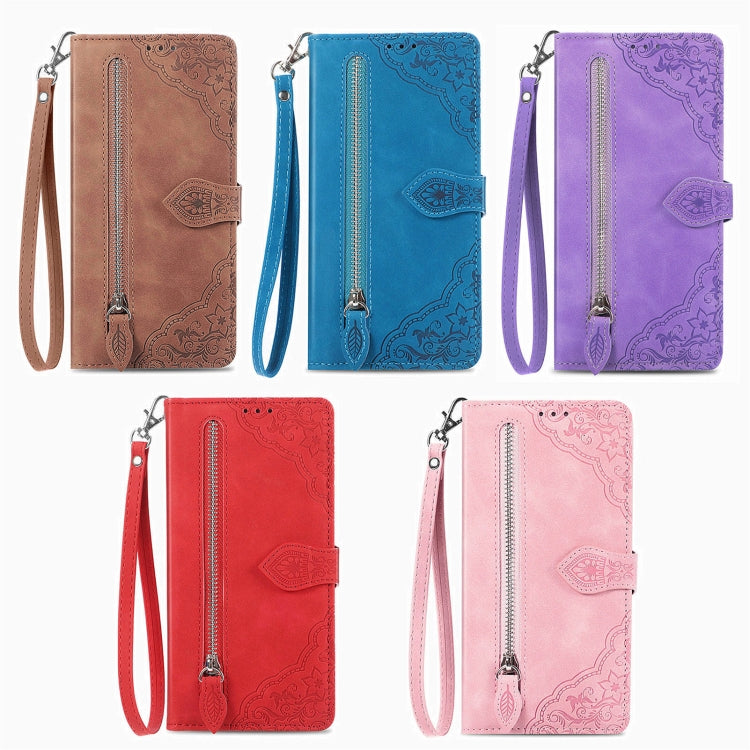 For Blackview A200 Pro Embossed Flower Zipper Leather Phone Case(Pink) - More Brand by PMC TechLife | Online Shopping South Africa | PMC TechLife