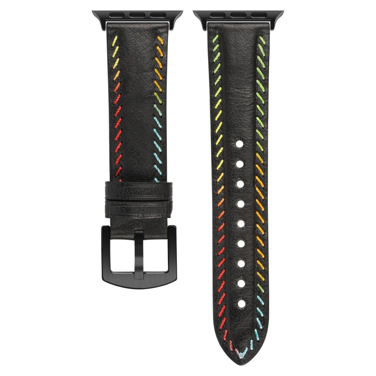 For Apple Watch Ultra 49mm Colorful Sewing Thread Leather Watch Band(Black) - Watch Bands by PMC TechLife | Online Shopping South Africa | PMC TechLife | Buy Now Pay Later Mobicred