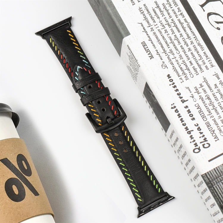 For Apple Watch Series 8 41mm Colorful Sewing Thread Leather Watch Band(Black) - Watch Bands by PMC TechLife | Online Shopping South Africa | PMC TechLife