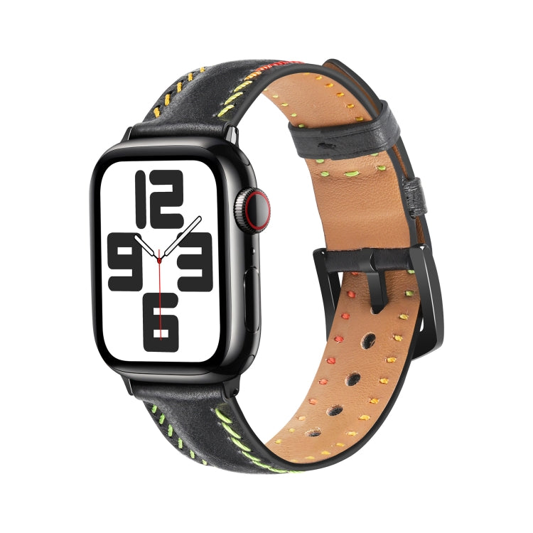For  Apple Watch Series 5 44mm Colorful Sewing Thread Leather Watch Band(Black) - free shipping - PMC TechLife - Order now!