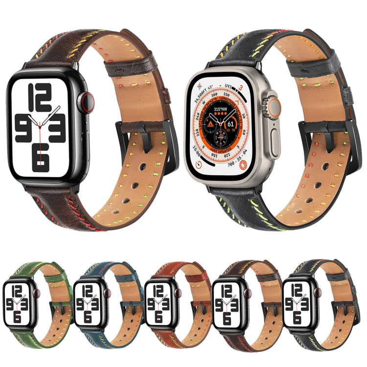 For  Apple Watch Series 5 44mm Colorful Sewing Thread Leather Watch Band(Black) - free shipping - PMC TechLife - Order now!