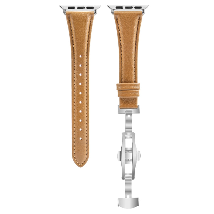 For Apple Watch Series 9 45mm Plain Leather Butterfly Buckle Watch Band(Brown+Silver) - free shipping - PMC TechLife - Order now!