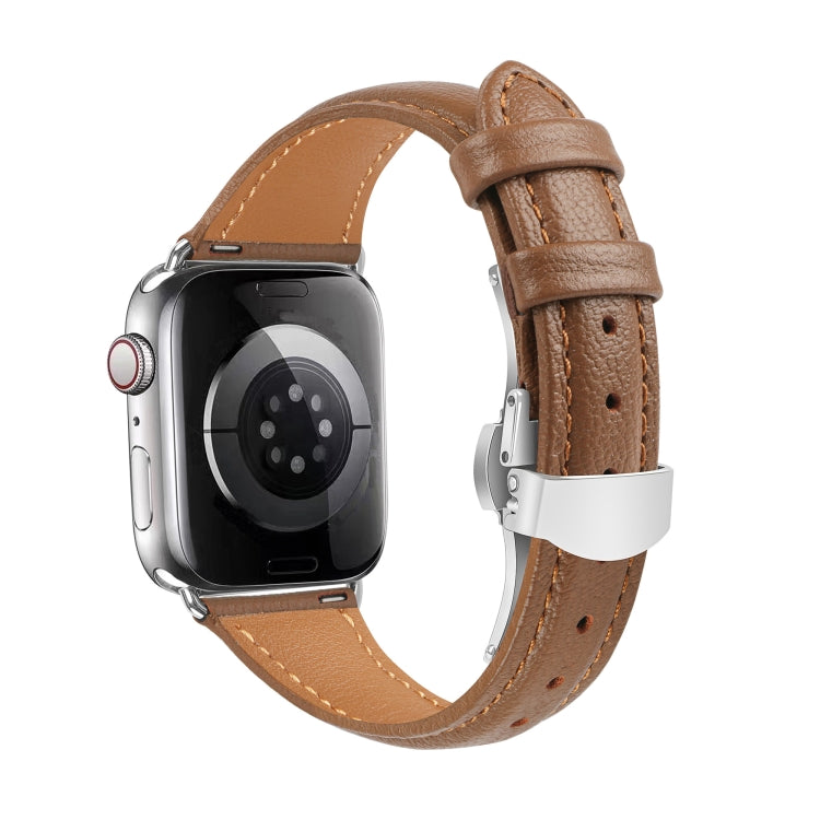 For Apple Watch Series 8 41mm Plain Leather Butterfly Buckle Watch Band(Dark Brown+Silver) - free shipping - PMC TechLife - Order now!