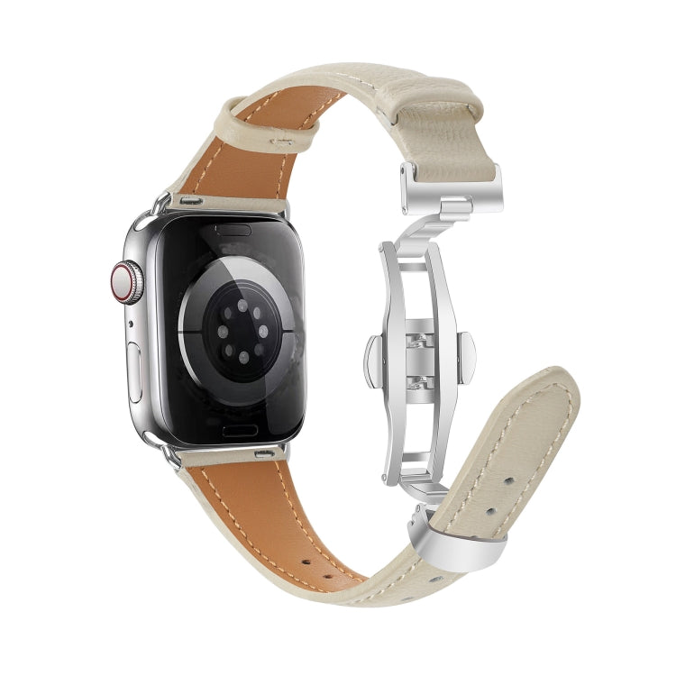 For Apple Watch Series 8 41mm Plain Leather Butterfly Buckle Watch Band(Beige+Silver) - free shipping - PMC TechLife - Order now!