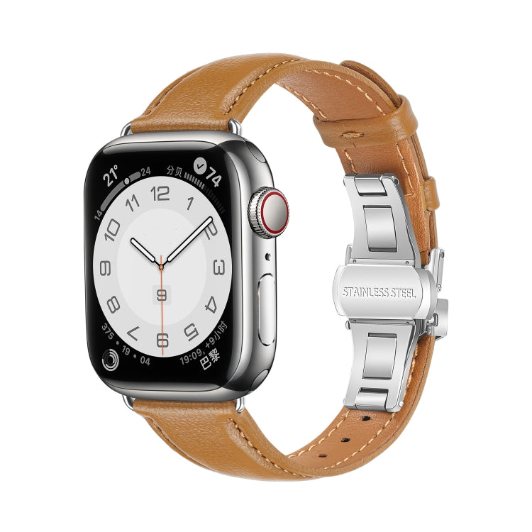 For Apple Watch Series 8 41mm Plain Leather Butterfly Buckle Watch Band(Brown+Silver) - free shipping - PMC TechLife - Order now!