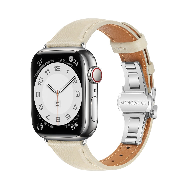For Apple Watch SE 2022 44mm Plain Leather Butterfly Buckle Watch Band(Beige+Silver) - free shipping - PMC TechLife - Order now!