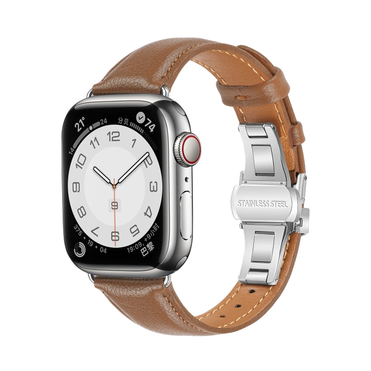 For Apple Watch Series 7 41mm Plain Leather Butterfly Buckle Watch Band(Dark Brown+Silver) - free shipping - PMC TechLife - Order now!