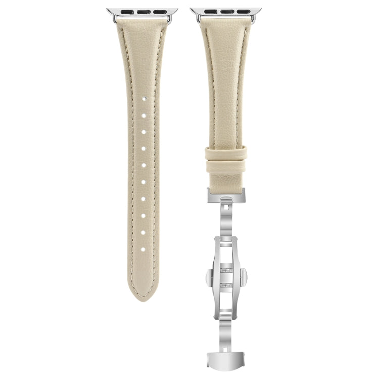For Apple Watch Series 7 45mm Plain Leather Butterfly Buckle Watch Band(Beige+Silver) - free shipping - PMC TechLife - Order now!
