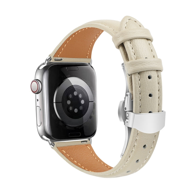 For Apple Watch Series 6 40mm Plain Leather Butterfly Buckle Watch Band(Beige+Silver) - free shipping - PMC TechLife - Order now!
