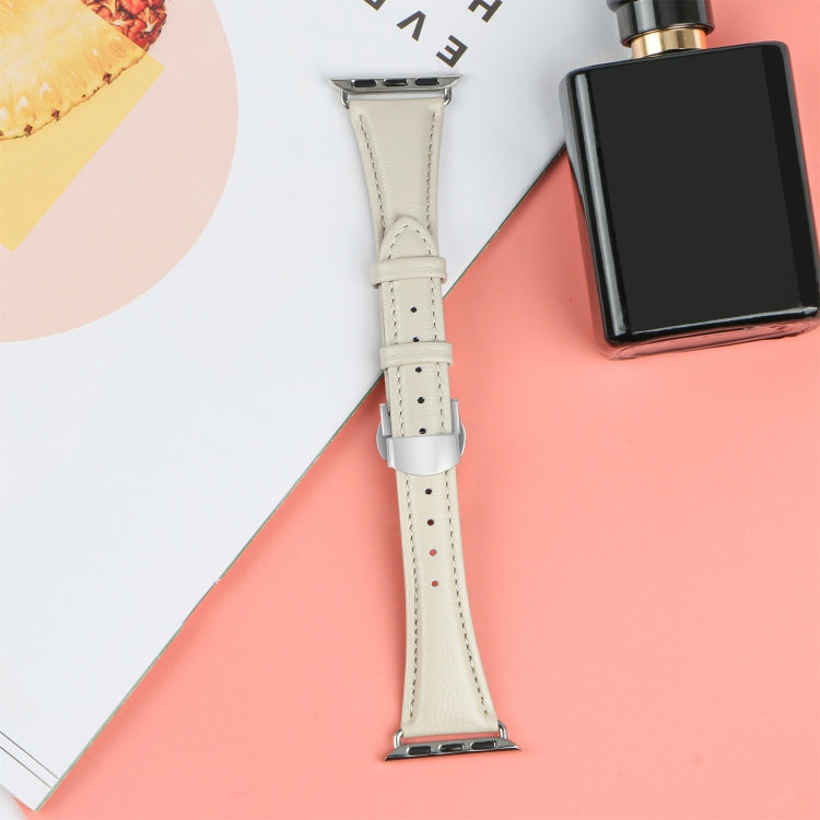 For Apple Watch Series 6 40mm Plain Leather Butterfly Buckle Watch Band(Beige+Silver) - free shipping - PMC TechLife - Order now!