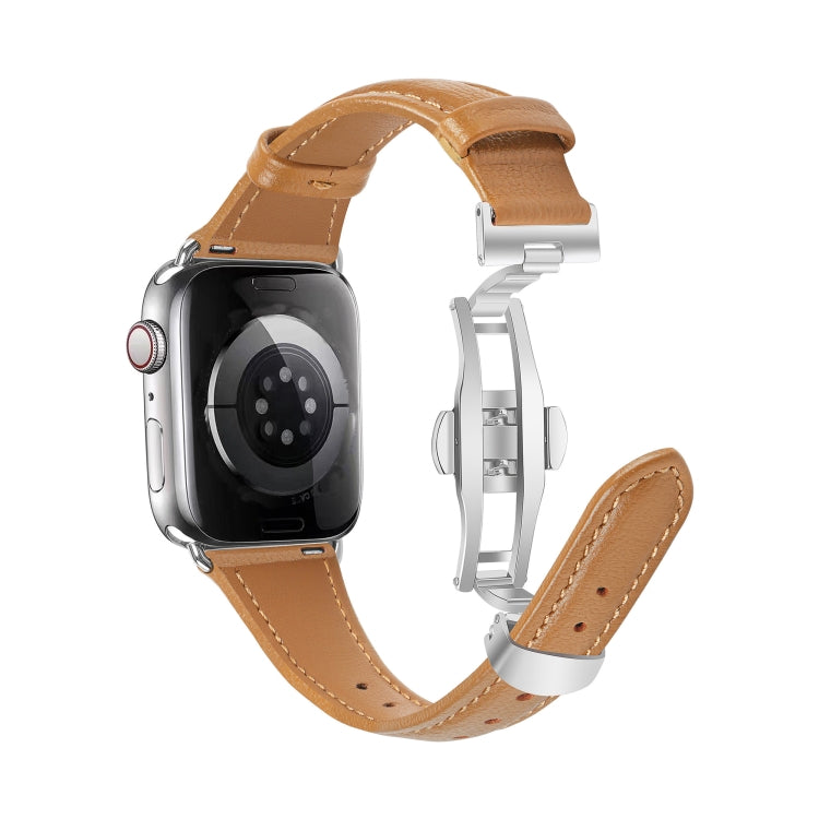 For Apple Watch Series 6 40mm Plain Leather Butterfly Buckle Watch Band(Brown+Silver) - free shipping - PMC TechLife - Order now!
