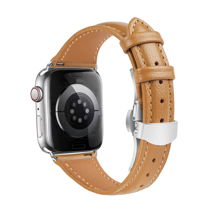 For Apple Watch Series 5 40mm Plain Leather Butterfly Buckle Watch Band(Brown+Silver) - free shipping - PMC TechLife - Order now!
