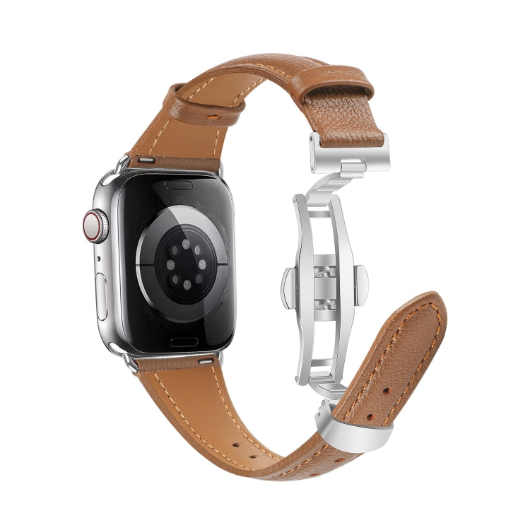 For Apple Watch Series 4 44mm Plain Leather Butterfly Buckle Watch Band(Dark Brown+Silver) - free shipping - PMC TechLife - Order now!