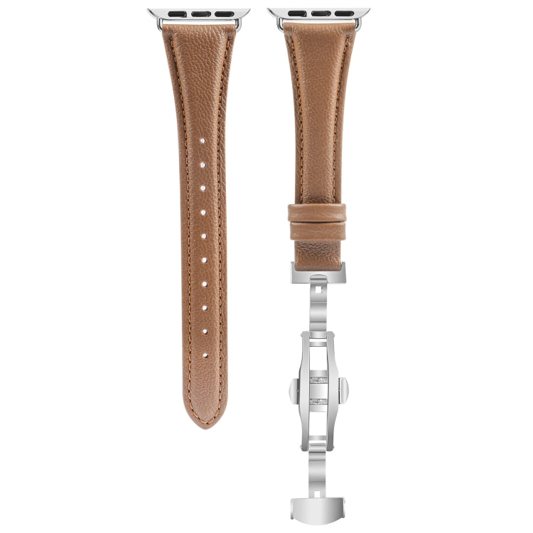 For Apple Watch Series 4 44mm Plain Leather Butterfly Buckle Watch Band(Dark Brown+Silver) - free shipping - PMC TechLife - Order now!