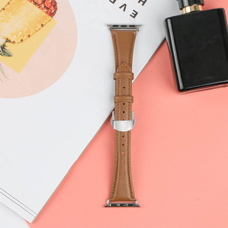 For Apple Watch Series 4 44mm Plain Leather Butterfly Buckle Watch Band(Dark Brown+Silver) - free shipping - PMC TechLife - Order now!