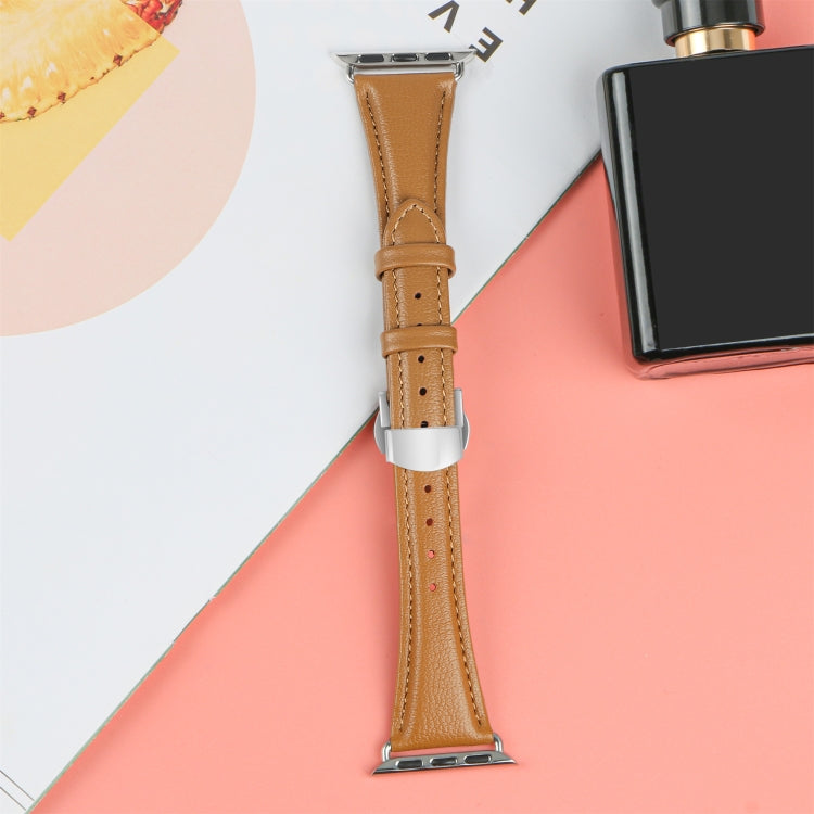 For Apple Watch Series 4 44mm Plain Leather Butterfly Buckle Watch Band(Brown+Silver) - free shipping - PMC TechLife - Order now!