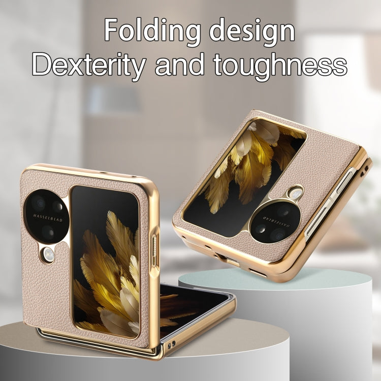 For OPPO Find N3 Flip Litchi Leather Electroplating Shockproof Phone Case(Khaki) - Find N3 Flip Cases by PMC TechLife | Online Shopping South Africa | PMC TechLife | Buy Now Pay Later Mobicred