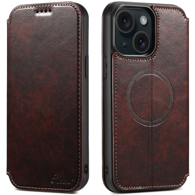 For iPhone 15 Plus Suteni J05 Leather Magnetic MagSafe Phone Case(Brown) - iPhone 15 Plus Cases by Suteni | Online Shopping South Africa | PMC Jewellery | Buy Now Pay Later Mobicred