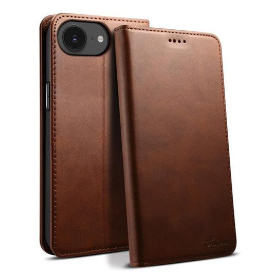 For iPhone 16e Suteni Calf Texture Horizontal Flip Leather Phone Case(Brown) - iPhone 16e Cases by Suteni | Online Shopping South Africa | PMC Jewellery | Buy Now Pay Later Mobicred