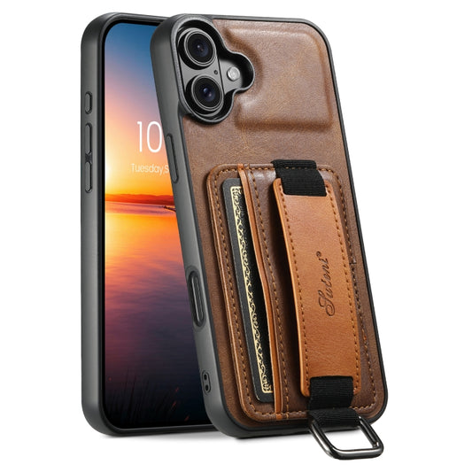 For iPhone 16 Suteni H13 Card Wallet Wrist Strap Holder PU Phone Case(Brown) - iPhone 16 Cases by Suteni | Online Shopping South Africa | PMC Jewellery | Buy Now Pay Later Mobicred