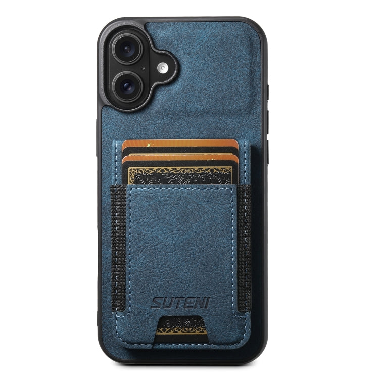 For iPhone 16 Suteni H03 Litchi Leather Card Bag Stand Back Phone Case(Blue) - free shipping - PMC Jewellery - Order now!
