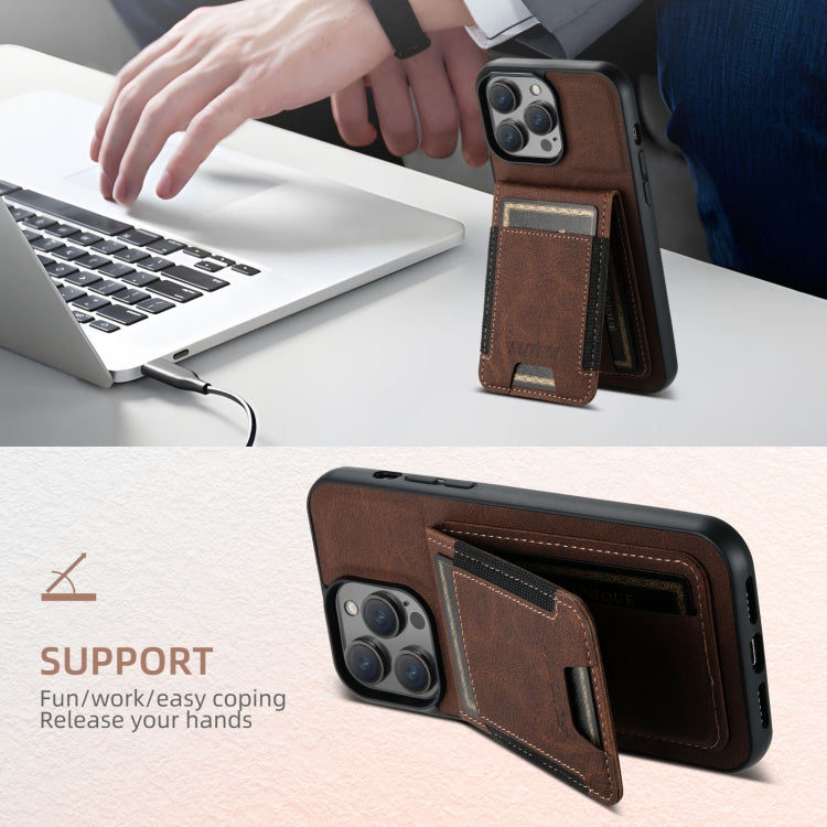 For iPhone 16 Plus Suteni H03 Litchi Leather Card Bag Stand Back Phone Case(Brown) - free shipping - PMC Jewellery - Order now!