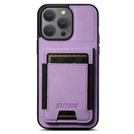 For iPhone 16 Pro Max Suteni H03 Litchi Leather Card Bag Stand Back Phone Case(Purple) - iPhone 16 Pro Max Cases by Suteni | Online Shopping South Africa | PMC Jewellery | Buy Now Pay Later Mobicred