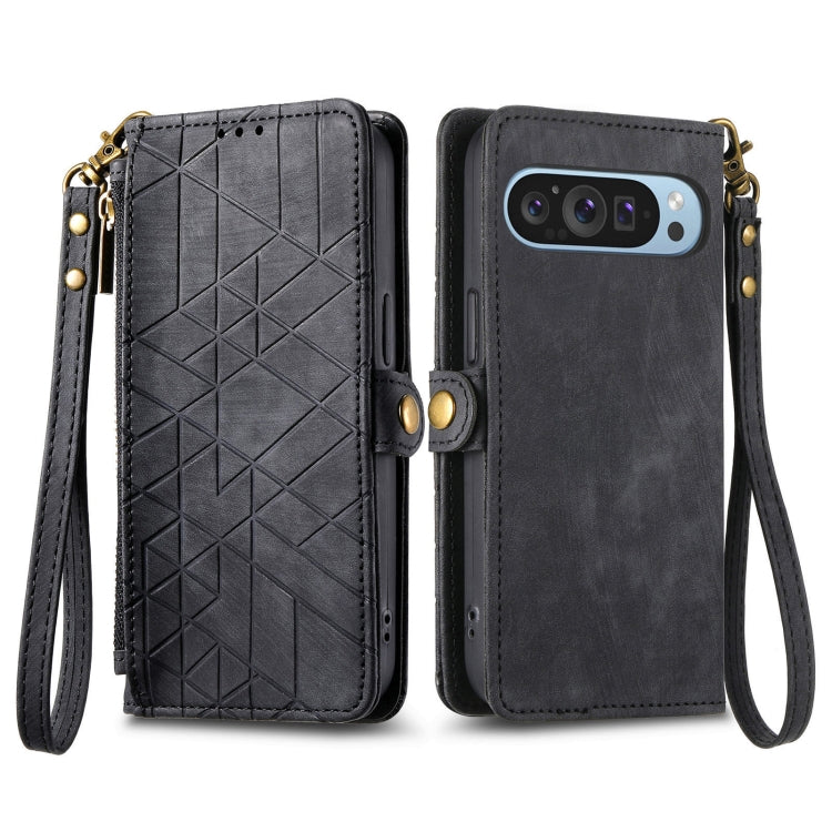 For Google Pixel 9 Geometric Zipper Wallet Side Buckle Leather Phone Case(Black) - Google Cases by PMC Jewellery | Online Shopping South Africa | PMC Jewellery | Buy Now Pay Later Mobicred